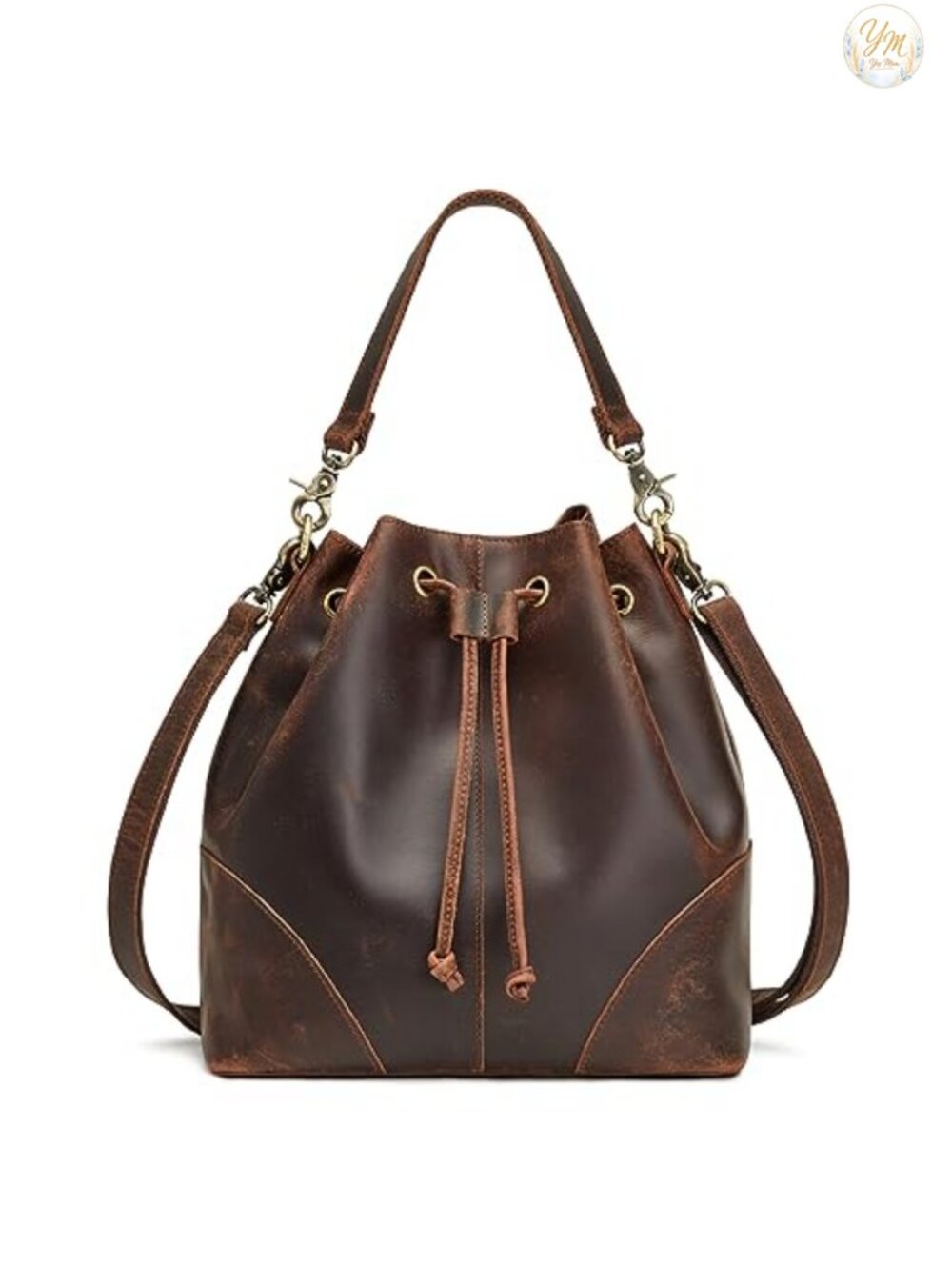 Women's Genuine Leather Crossbody Drawstring Bucket Handbag